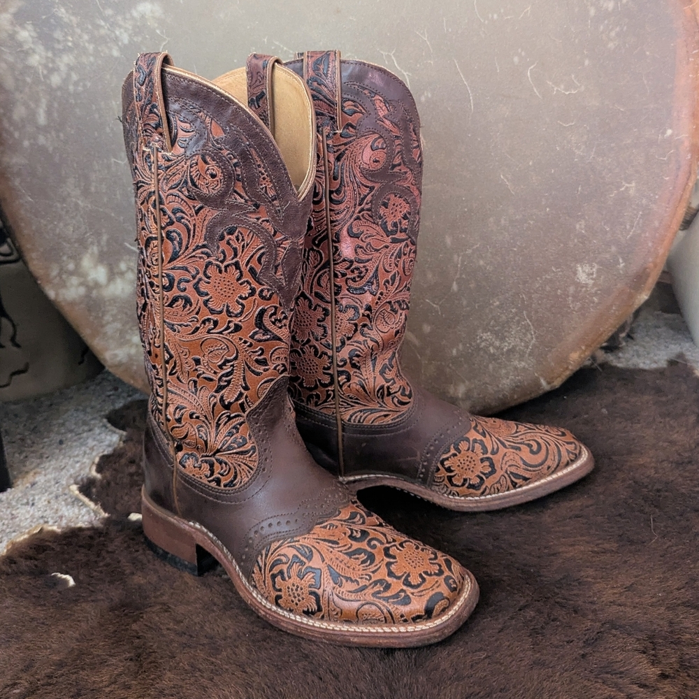 BOULET #2015 ladies hand tooled whiskey leather square toe cowboy boots 6.5